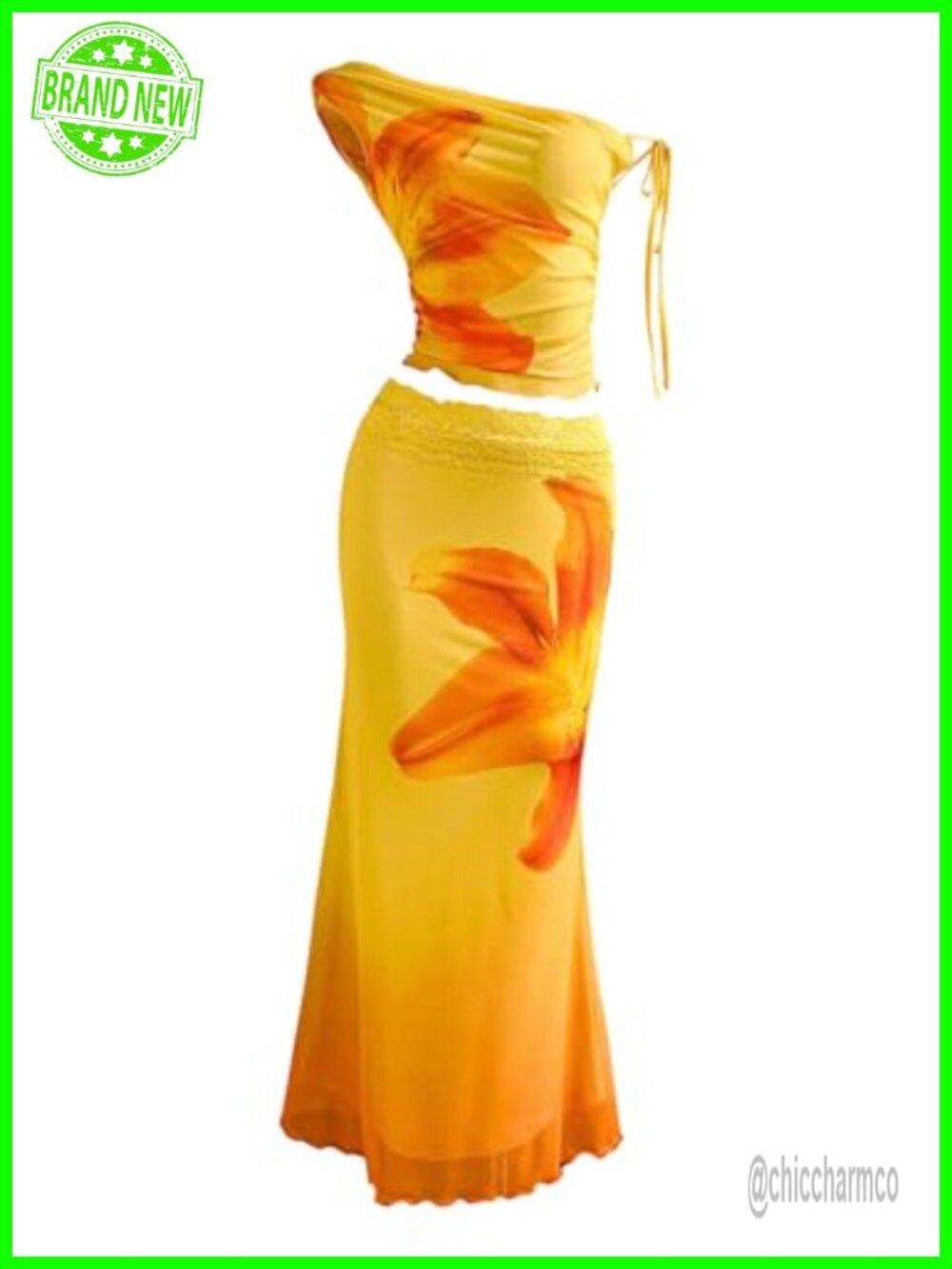 Women's 2 Piece Mesh Floral Crop Top Maxi Skirt Set One Shoulder